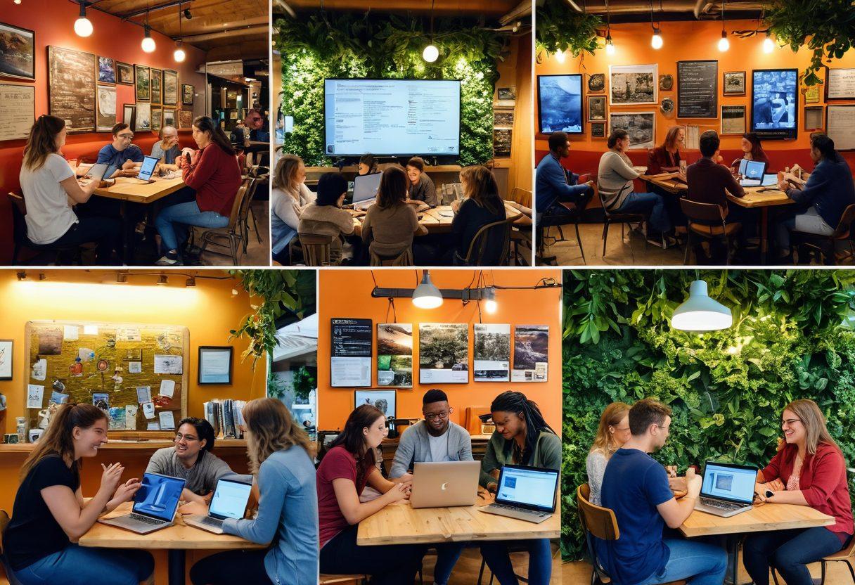 A vibrant collage depicting various people interacting with their digital diaries on laptops and tablets, sharing ideas and stories in a cozy coffee shop filled with greenery. In the background, a community bulletin board showcases advocacy events and initiatives, emphasizing community engagement. The scene should exude warmth and connection, with diverse individuals from different backgrounds collaborating. super-realistic. vibrant colors. warm lighting.