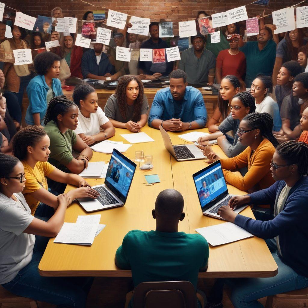 A powerful scene depicting diverse individuals gathered around a large table, passionately discussing social justice issues, with laptops open and inspirational quotes floating around. In the background, images of protest signs and community events create a vibrant atmosphere of engagement and change. The atmosphere should feel warm and inviting, symbolizing unity and empowerment. vibrant colors. super-realistic.