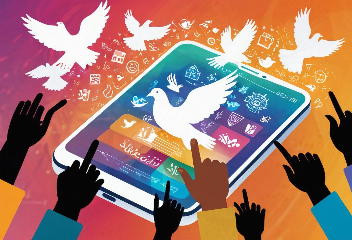 A translucent hand using a smartphone to write a blog post, with symbols of social justice like scales and doves surrounding the screen. In the background, diverse groups of people joining hands, representing unity and collaboration across various communities. Soft sunlight filtering through, symbolizing hope and transparency in the digital age. vivid colors. vector art.
